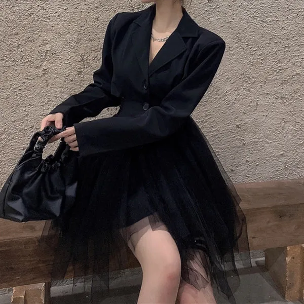 Black Suit Collar Long Sleeve Stitching Mesh Cocktail Dress