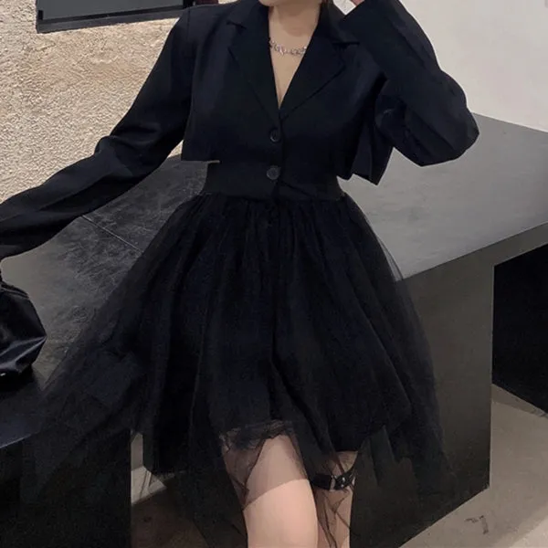 Black Suit Collar Long Sleeve Stitching Mesh Cocktail Dress