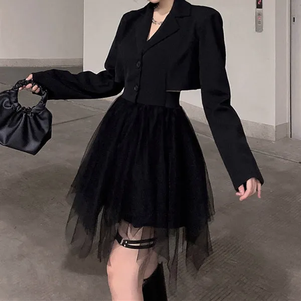Black Suit Collar Long Sleeve Stitching Mesh Cocktail Dress