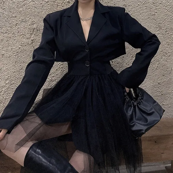 Black Suit Collar Long Sleeve Stitching Mesh Cocktail Dress