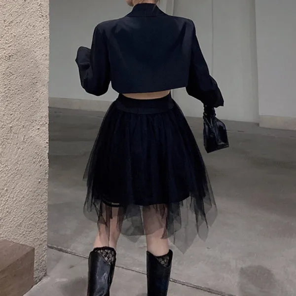 Black Suit Collar Long Sleeve Stitching Mesh Cocktail Dress