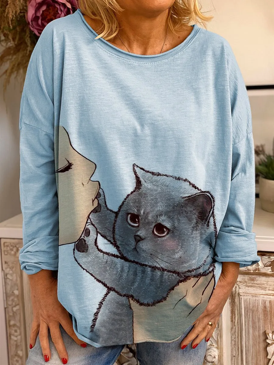 Fashion No Kisses cat pattern long-sleeved casual T-shirt top women