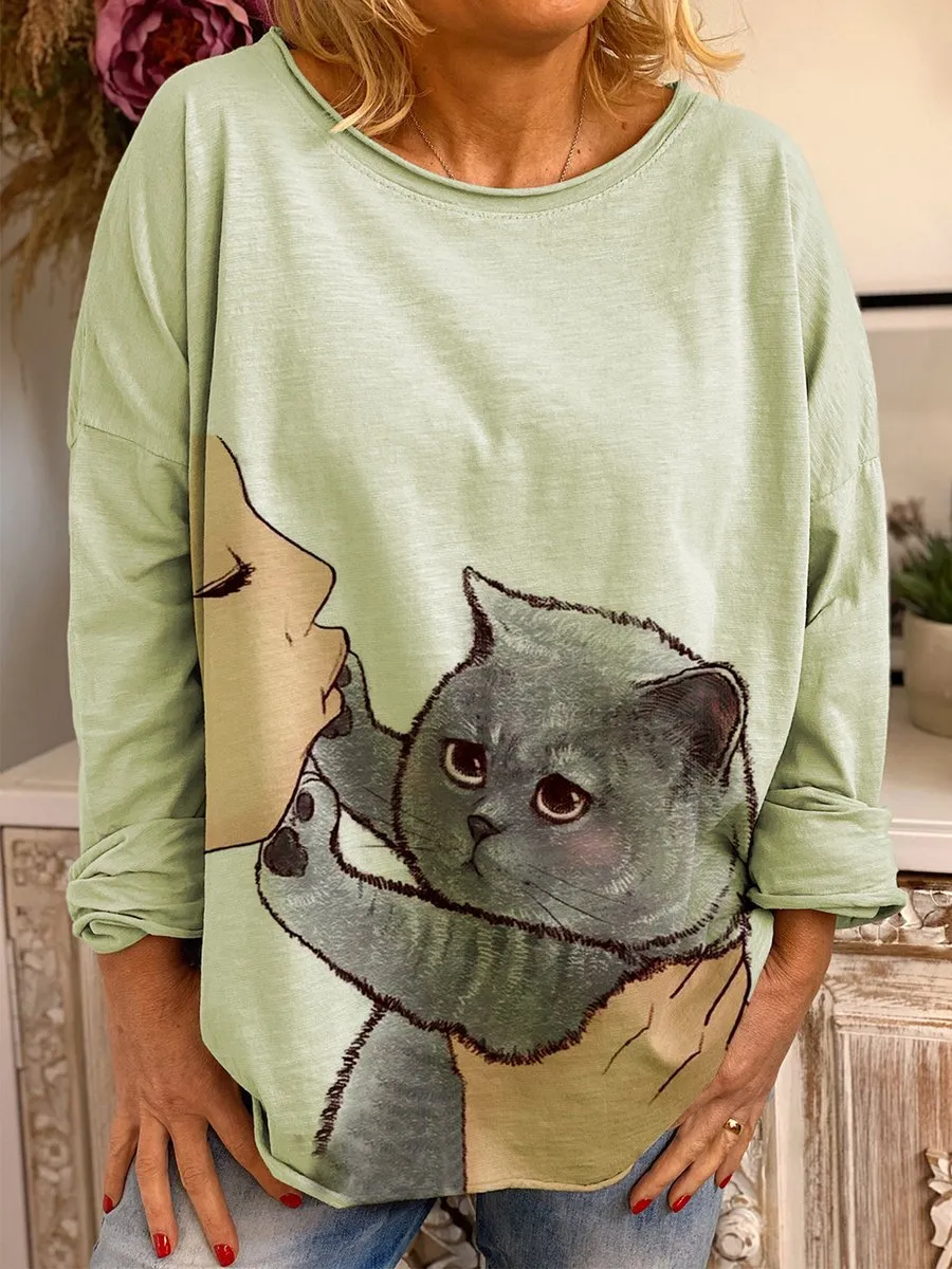 Fashion No Kisses cat pattern long-sleeved casual T-shirt top women