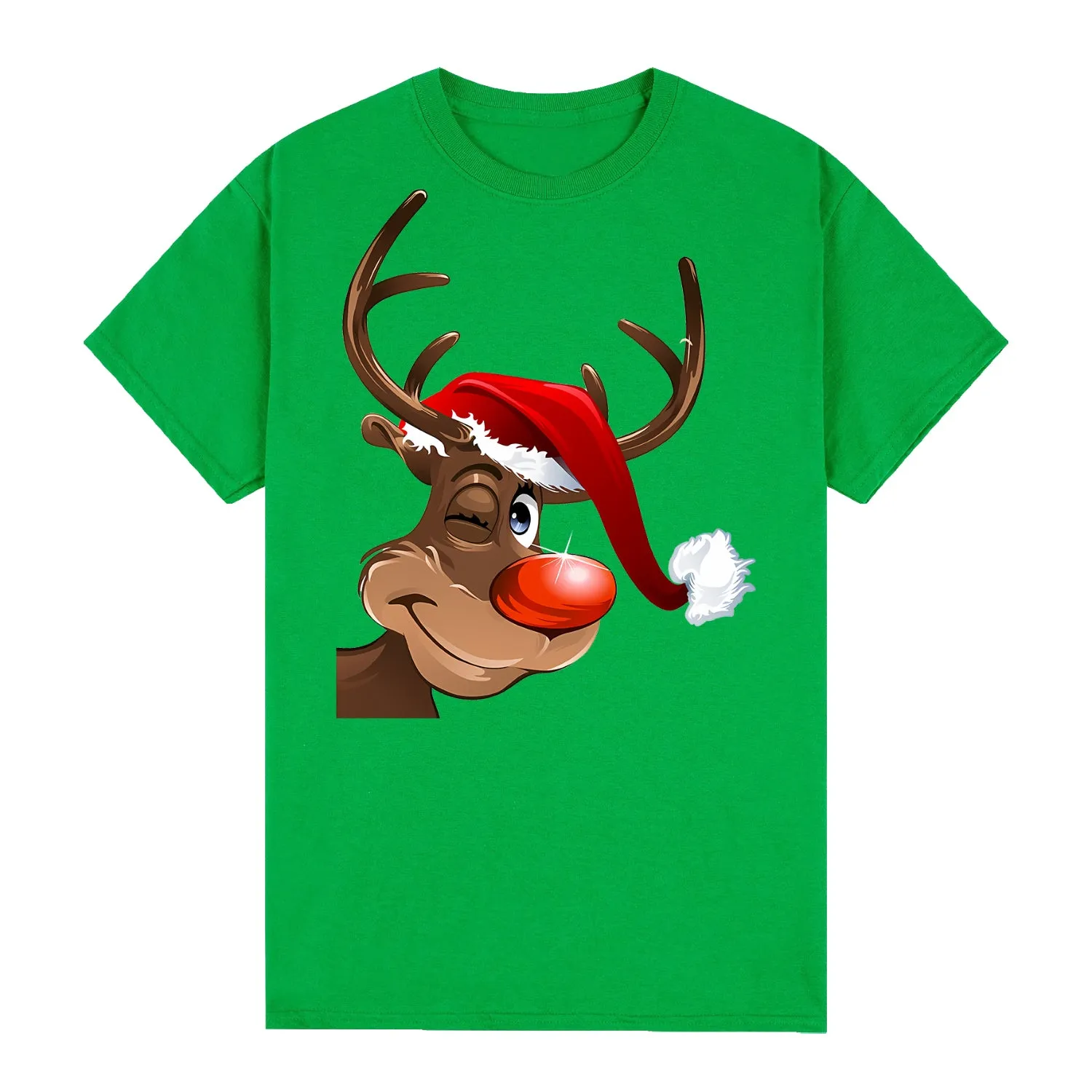 NNEDSZ 100% Cotton Christmas T-shirt Adult Unisex Tee Tops Funny Santa Party Custume, Reindeer Wink (Green), M