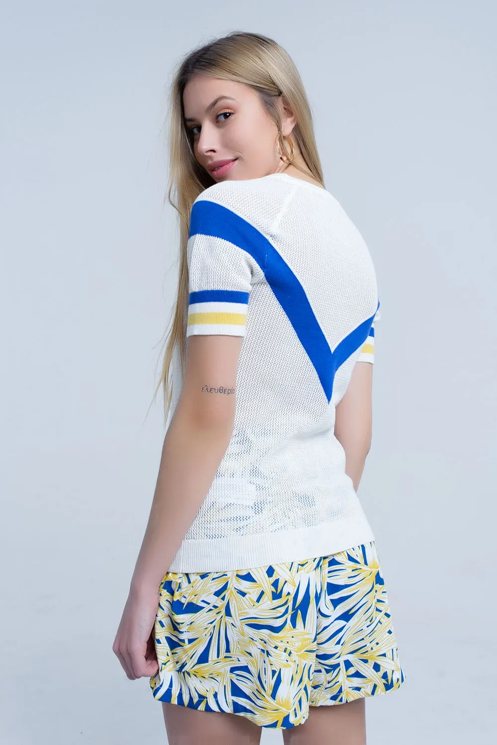 White openwork sweater with blue detail