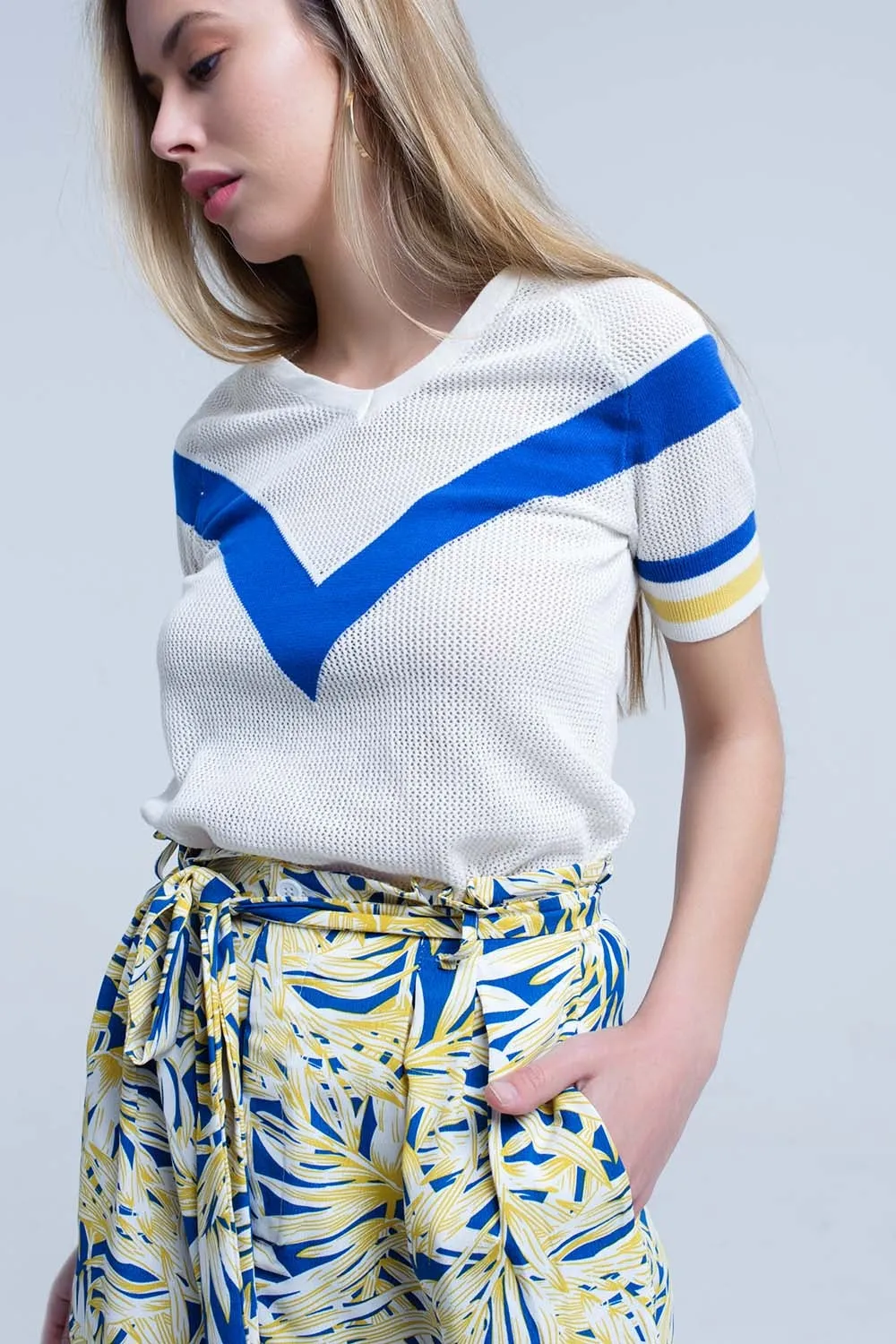 White openwork sweater with blue detail