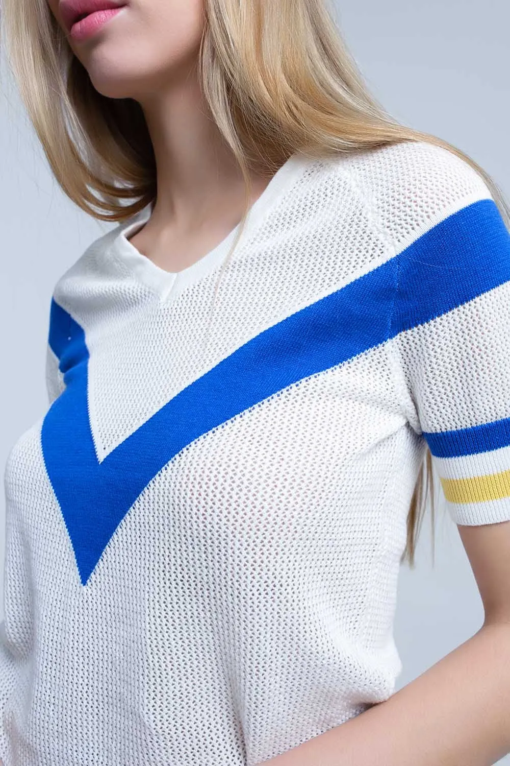 White openwork sweater with blue detail