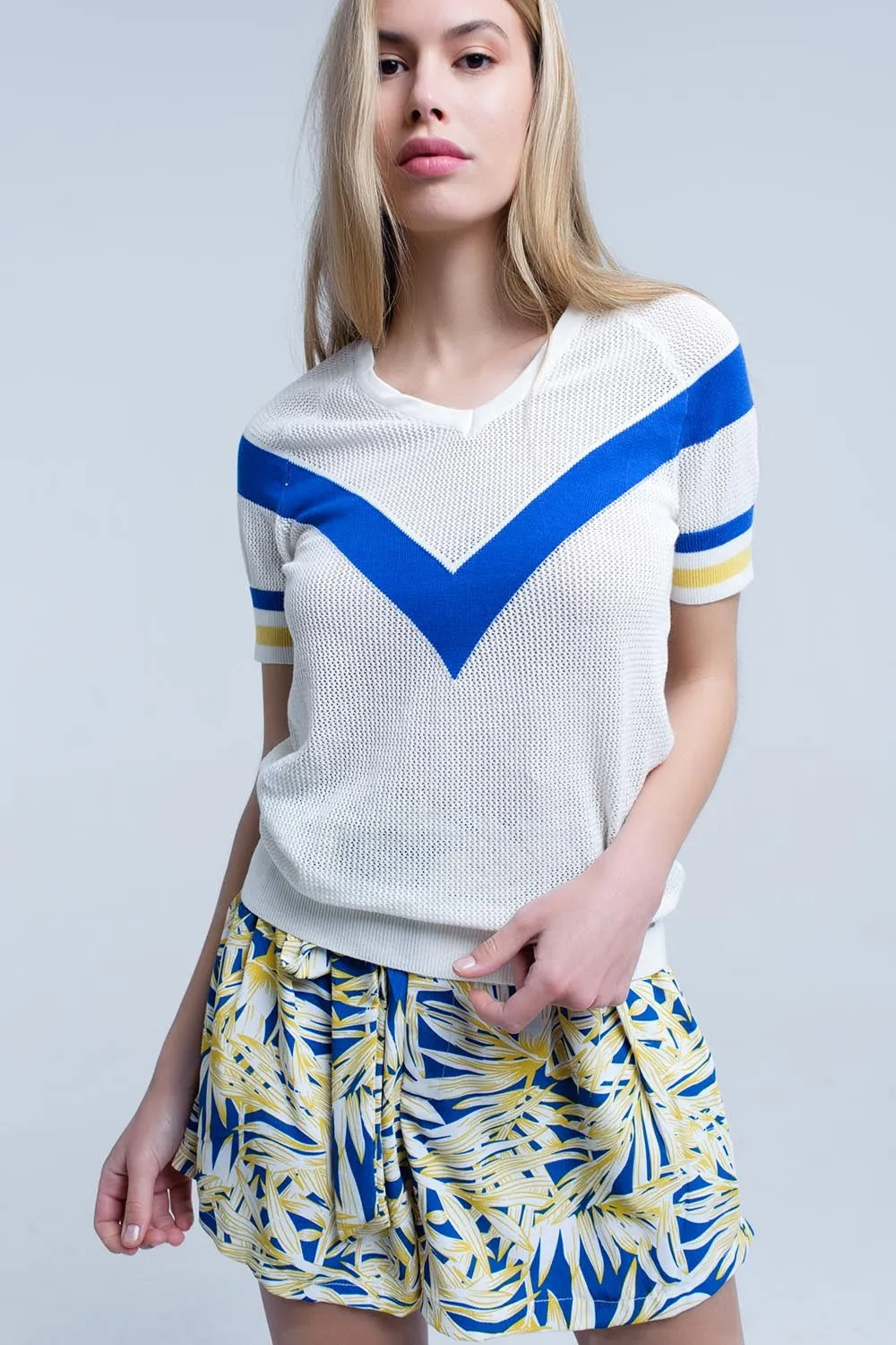 White openwork sweater with blue detail